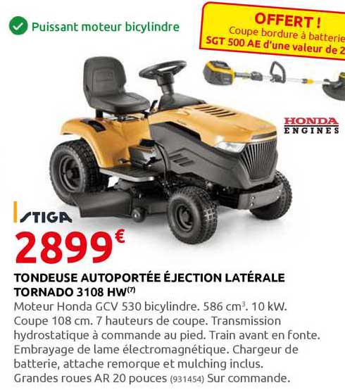 tondeuse autoportée éjection latérale tornado 3108 hw stiga
