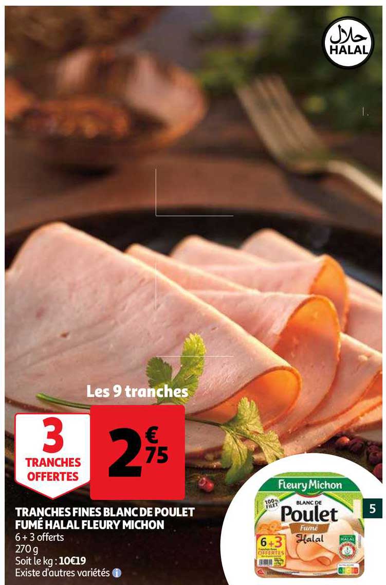 tranches fines blanc de poulet fumé halal fleury michon