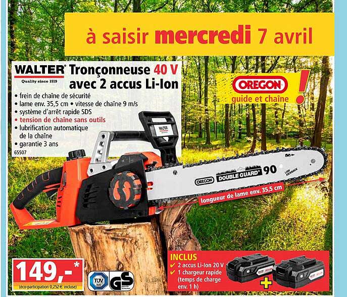 tronçonneuse 40v avec  2 accus li-ion walter
