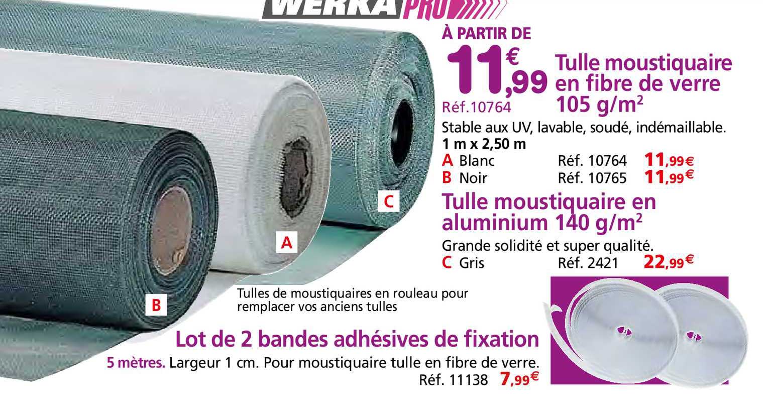 tulle moustiquaire en fibre de verre 105 g-m², tulle moustiquaire en aliminium 140 g-m², lot de 2 bandes adhésives de fixation