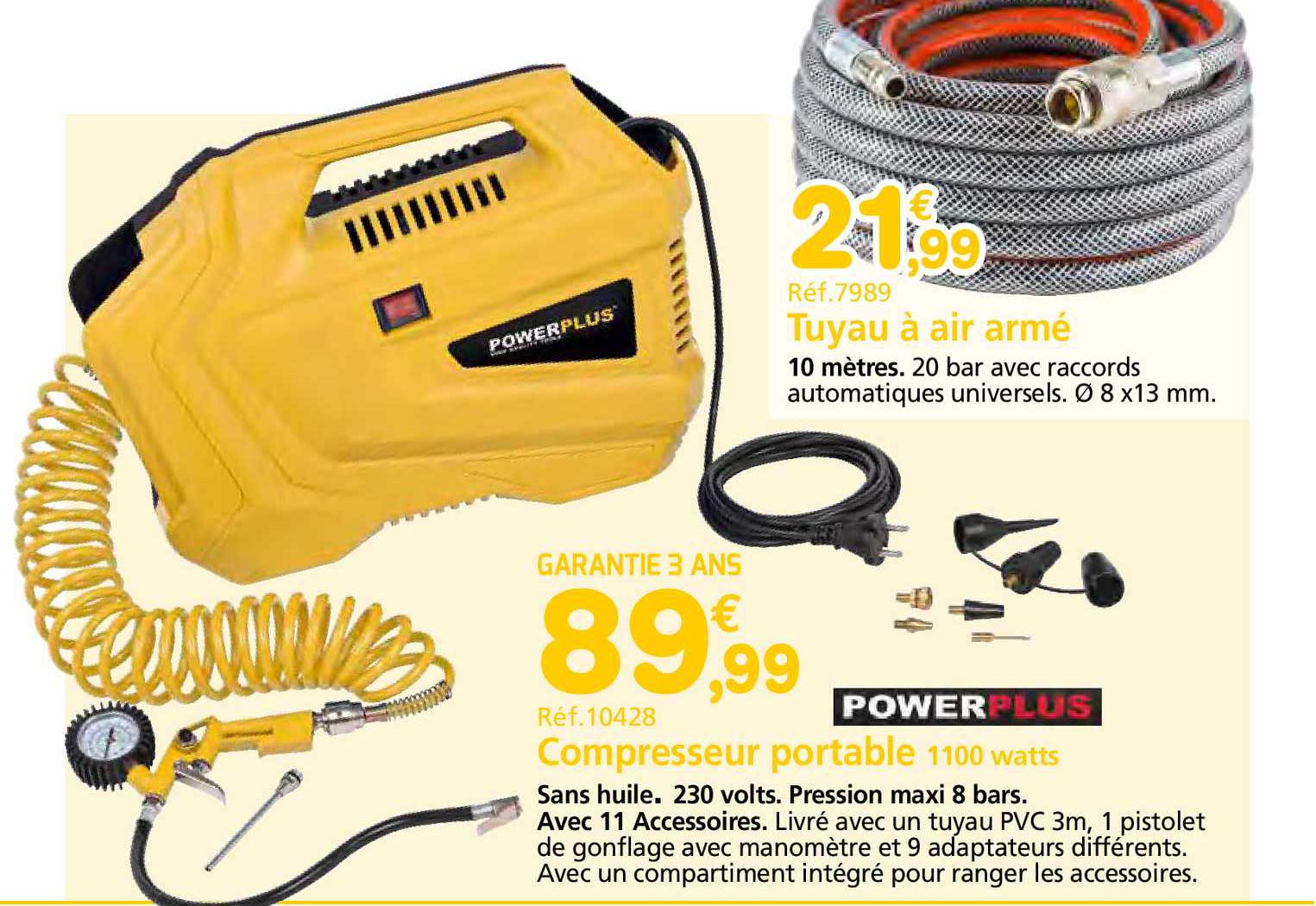 tuyau à air armé, compresseur portable 1100 watts powerplus