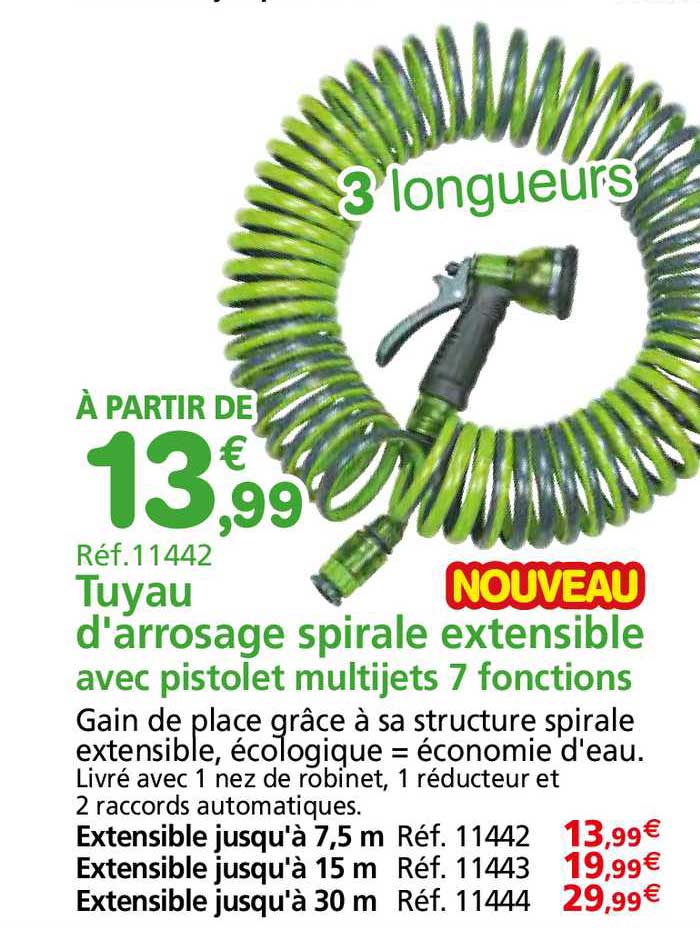 tuyau d'arrosage spirale extensible avec pistolet multijets 7 fonctions