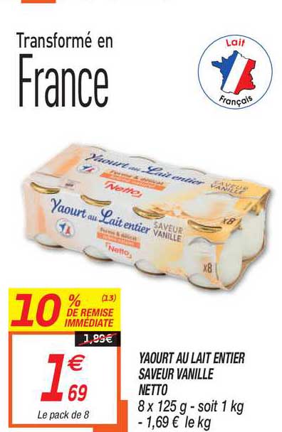 Yaourt Au Lait Entier Saveur Vanille Netto