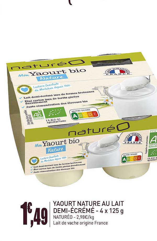 yaourt nature au lait demi-écrémé naturéo