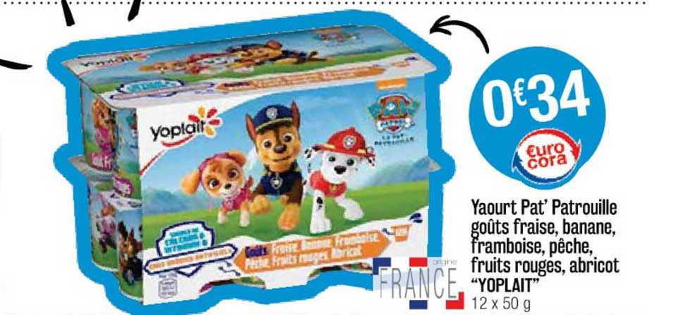 yaourt pat'patrouille goûts fraise, banane, framboise, pêche, fruits rouges, abricot "yoplait"