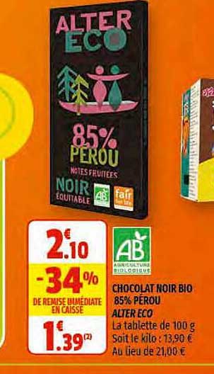 chocolat noir bio 85% pérou alter éco