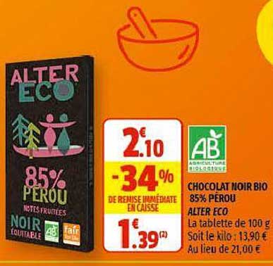 chocolat noir bio 85% pérou alter eco