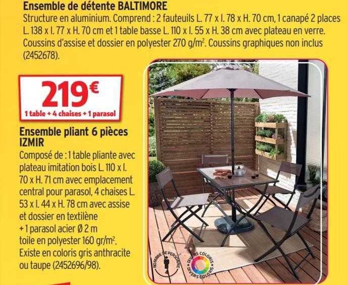 ensemble de détente baltimore, ensemble pliant 6 pièces izmir