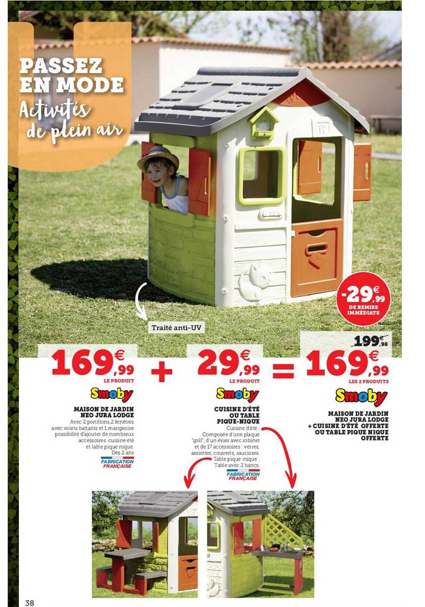 maison de jardin noe jura lodge smoby + cuisine d'été ou table pique-nique smoby