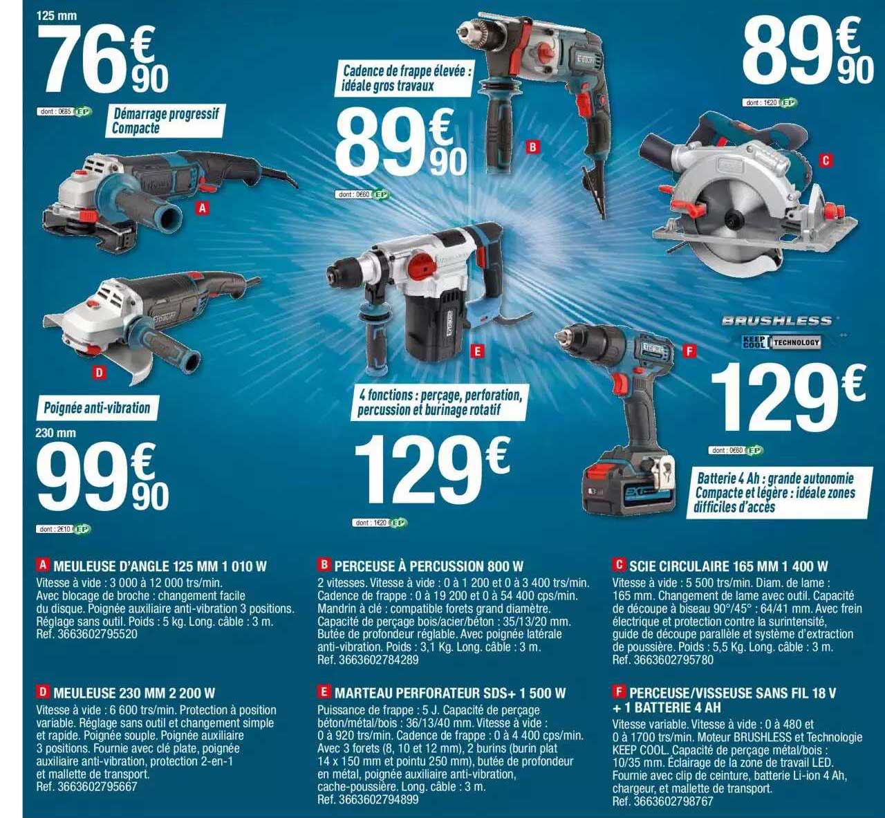 meuleuse d'angle 125 mm 1010w , perceuse à percussion 800w, scie circulaire 165 mm 1400 w , meuleuse 230 mm 2200 w, marteau perforateur sds+ 1500 w, perceuse-visseuse sans fil 18 v + 1 batterie 4 ah