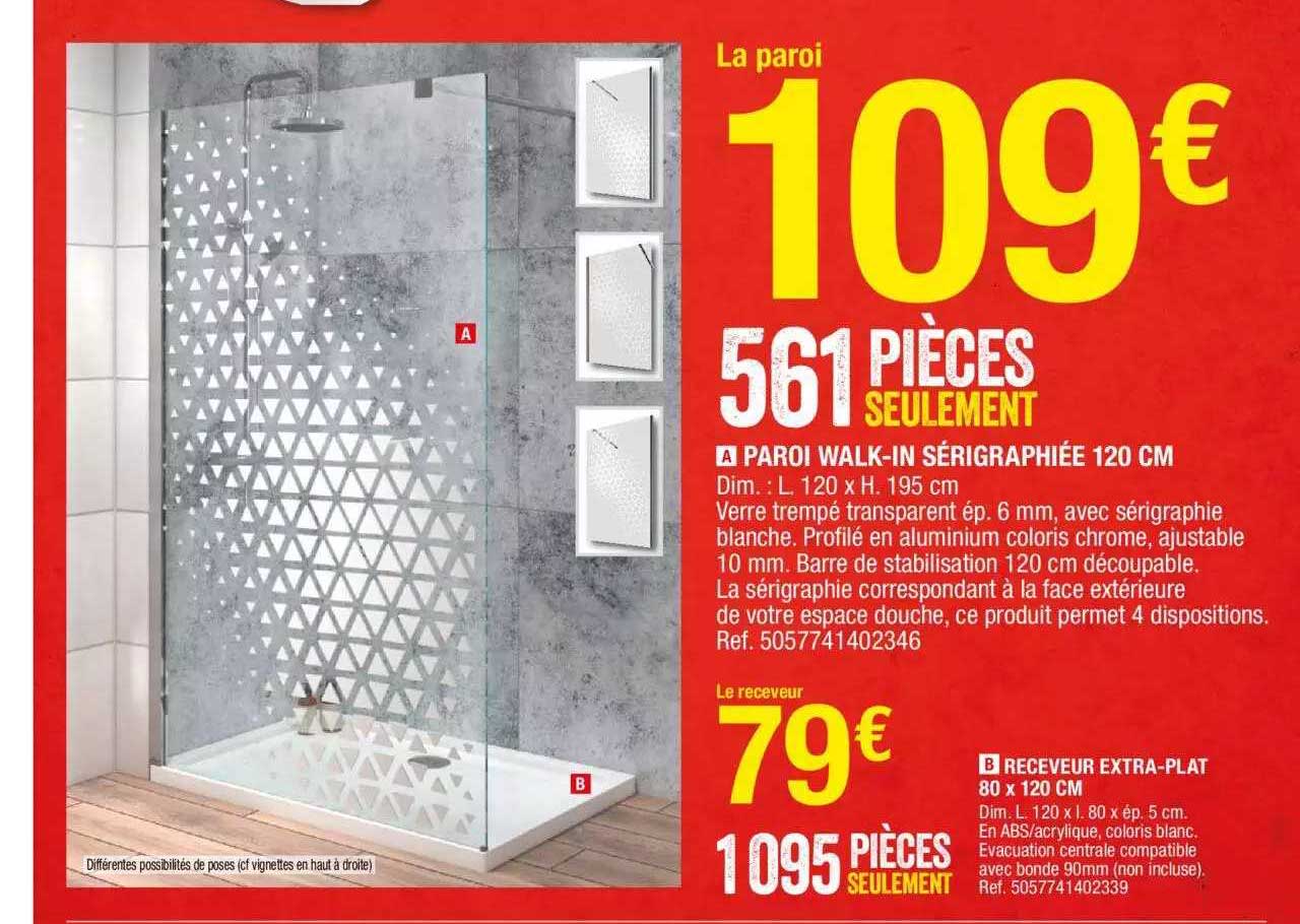 paroi walk-in sérigraphiée 120 cm, receveur extra-plat 80 x 120 cm