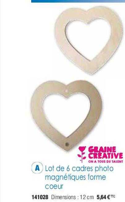 lot de 6 cadres photo magnétiques forme cœur graine créative