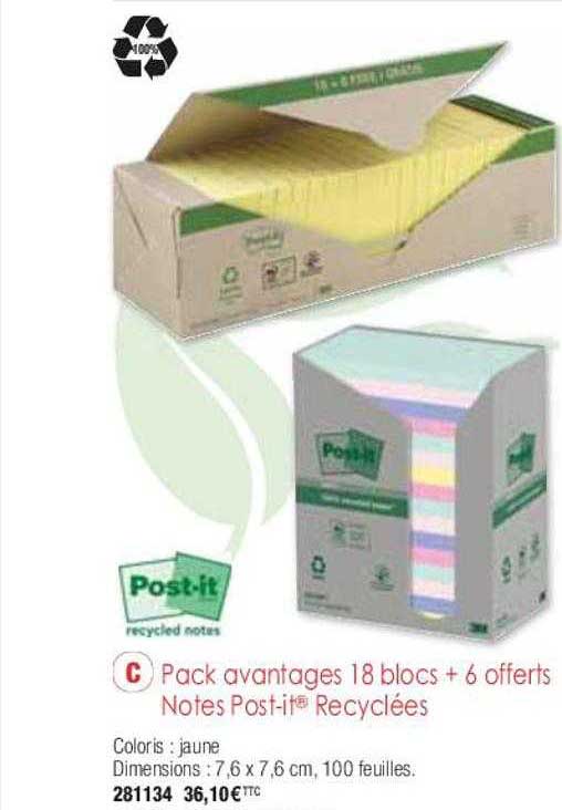 pack avantages 18 blocs + 6 offerts notes post-it recyclées