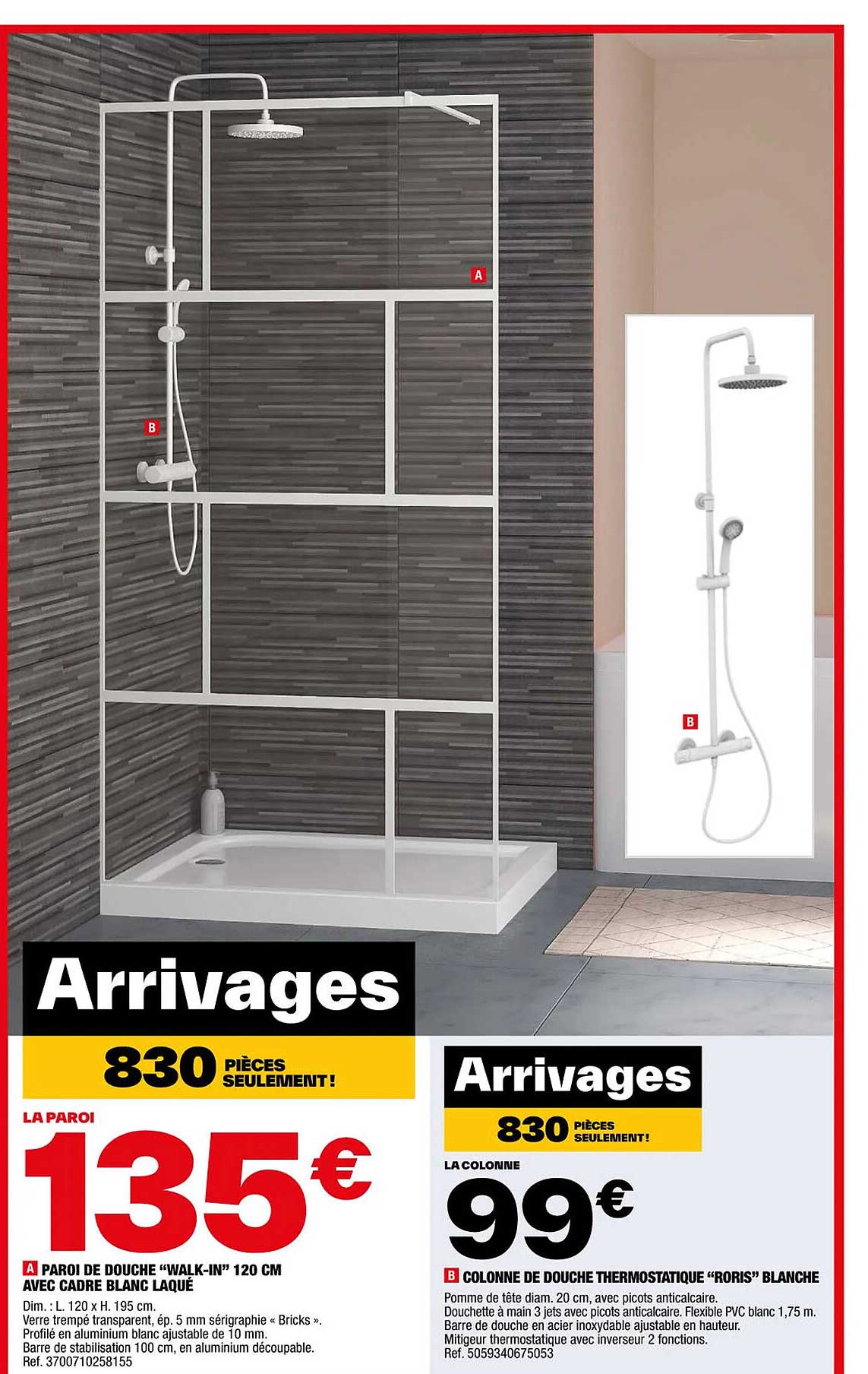 paroi de douche "walk-in" 120 cm avec cadre blanc laqué, colonne de douche thermostatique "roris" blanche