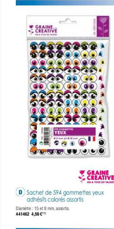 sachet de 594 gommettes yeux adhésifs colorés assortis graine créative