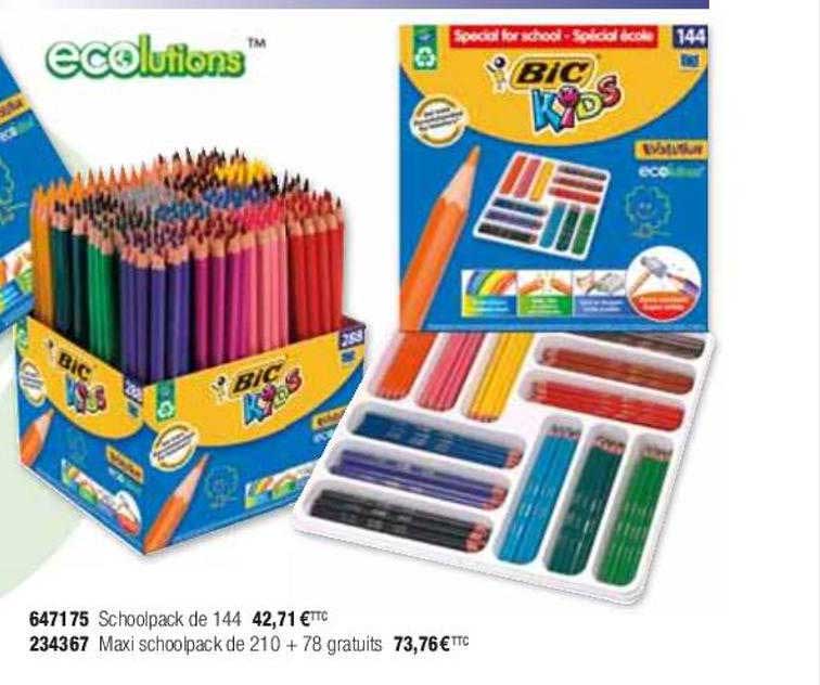 schoolpack de 144 bic, maxi schoolpack de 210 + 78 gratuits bic