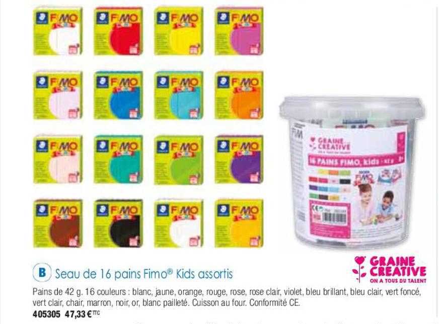 seau de 16 pains fimo kids assortis grain créative