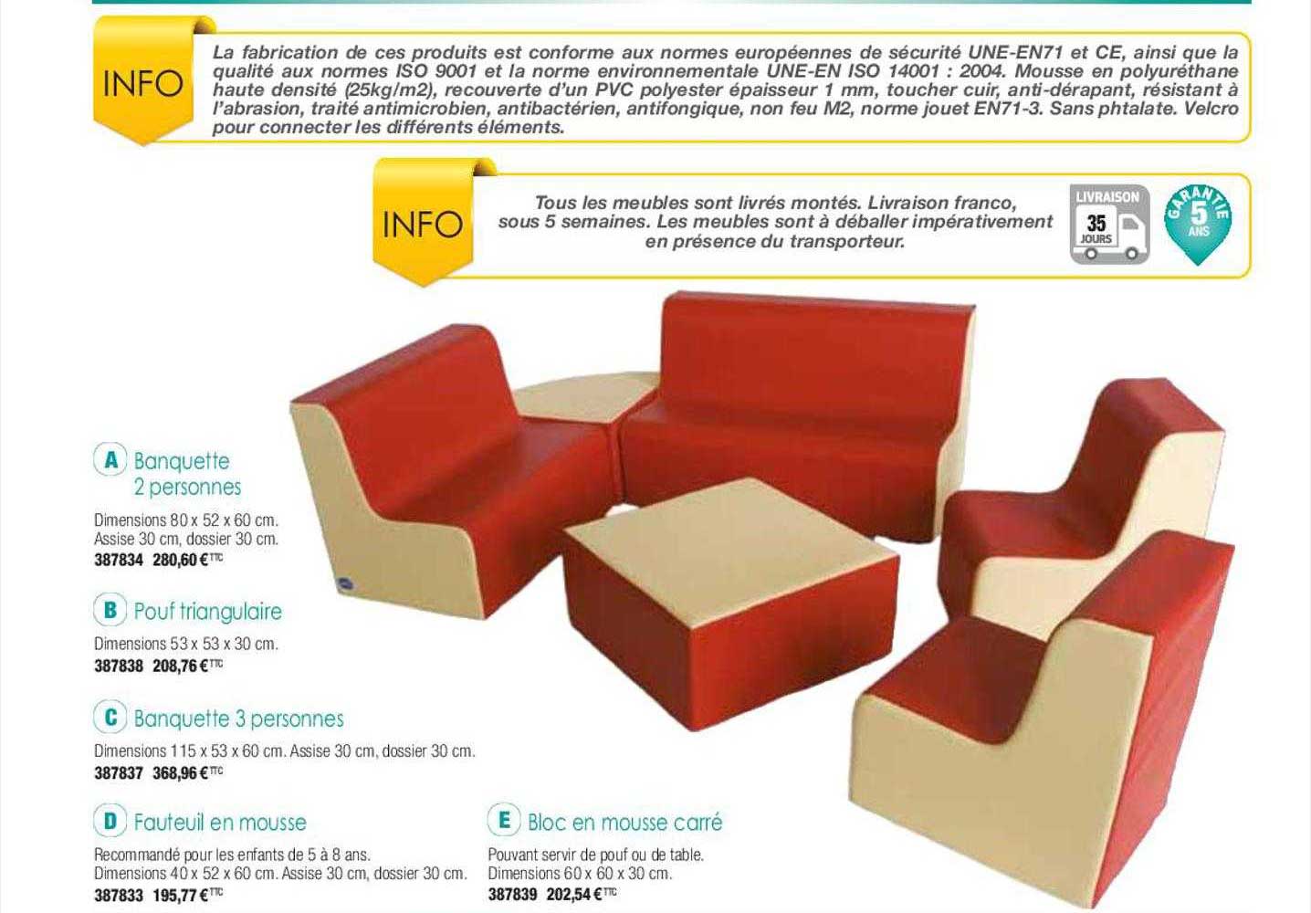 banquette 2 personnes, pouf triangulaire, banquette 3 personnes, fauteuil en mousse, bloc en mousse carré