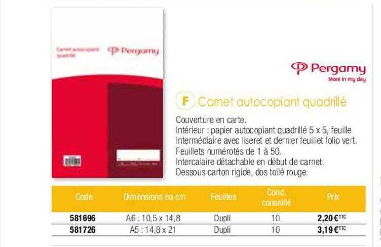 carnet autocopiant quadrillé pergamy