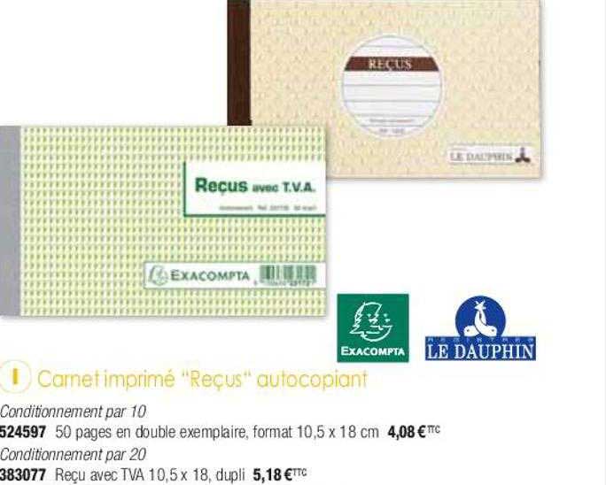 carnet imprimé "reçus" autocopiant le dauphin