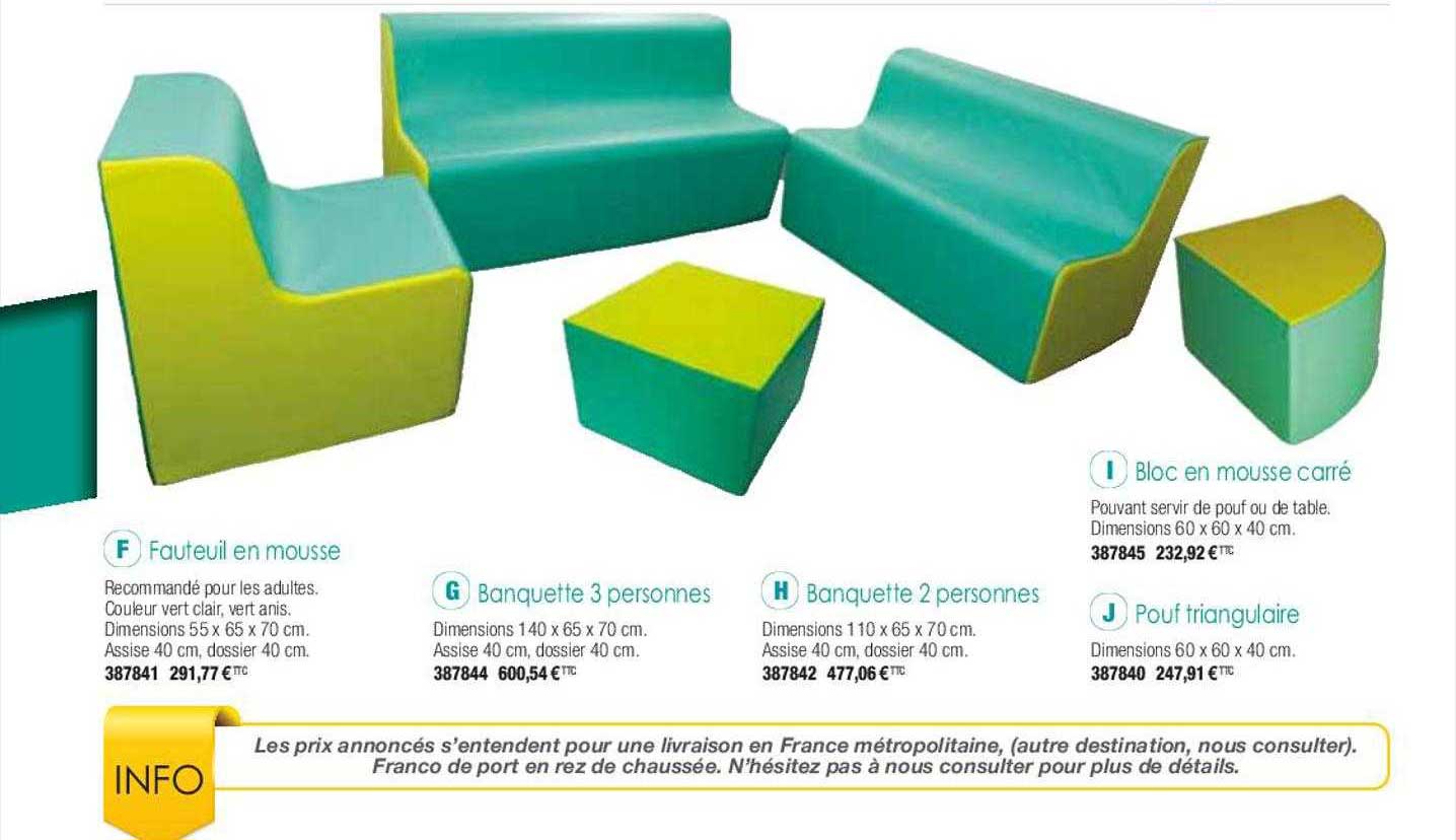 fauteuil en mousse, banquette 3 personnes, banquette 2 personnes, bloc en mousse carré, pouf triangulaire