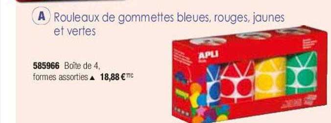 rouleaux de gommettes bleues, rouges, jaunes et vertes