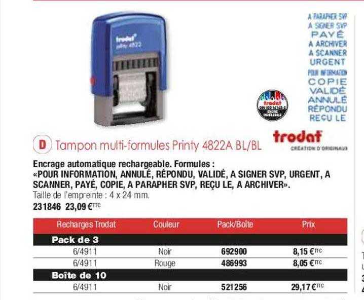 tampon multi-formules printy 4822A bl-bl trodat