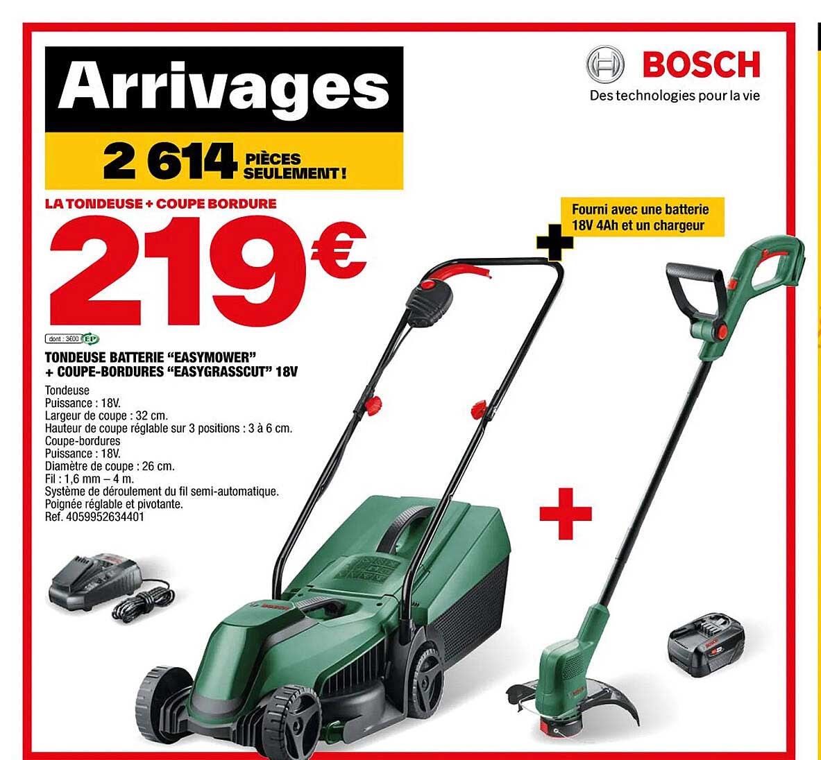tondeuse batterie "easymower" + coupe-bordures "easygrasscut" 18v bosch