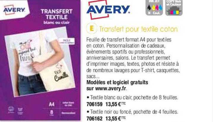 transfert pour textile coton avery