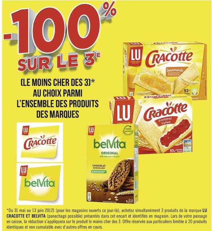-100% sur le 3 au choix parmi l'ensemble des produits des marques lu cracotte et belvita