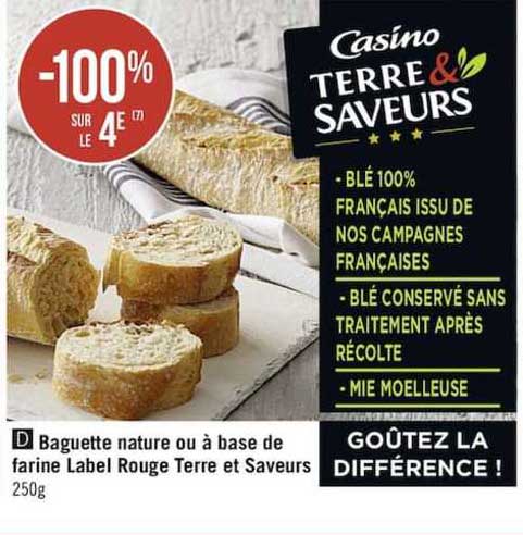 baguette nature ou a base de farine label rouge terre et saveurs 250g