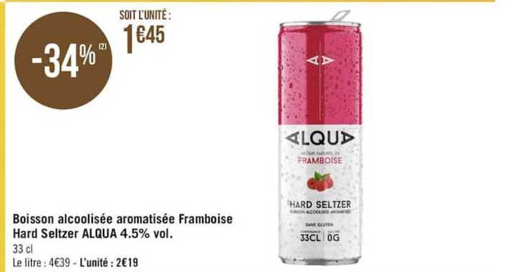 boisson alcoolisee aromatisee framboise hard seltzer alqua 4.5%