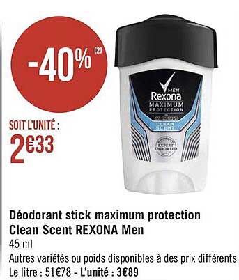 déodorant stick maximum protection clean scent rexona men