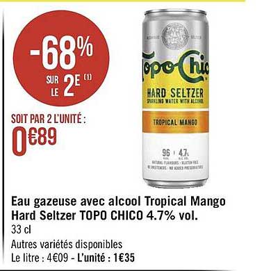 eau gazeuse avec alcool tropical mango hard seltzer top chico 4.7% vol.