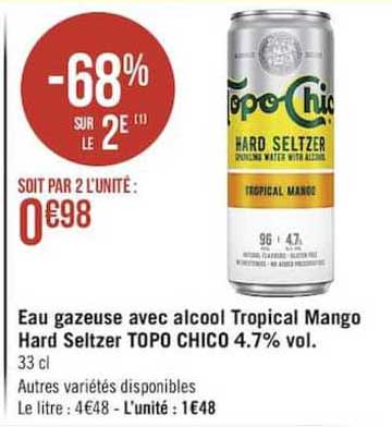 eau gazeuse avec alcool tropical mango hard seltzer topo chico 4.7%
