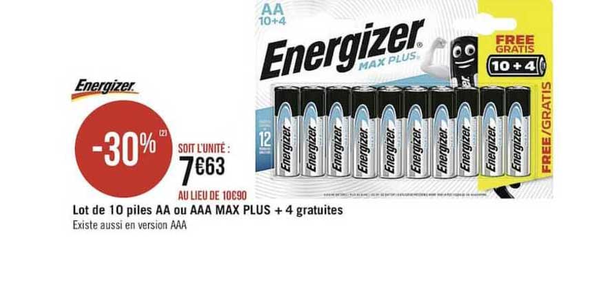 energizer lot de 10 piles aa ou aaa max plus + 4 gratuites