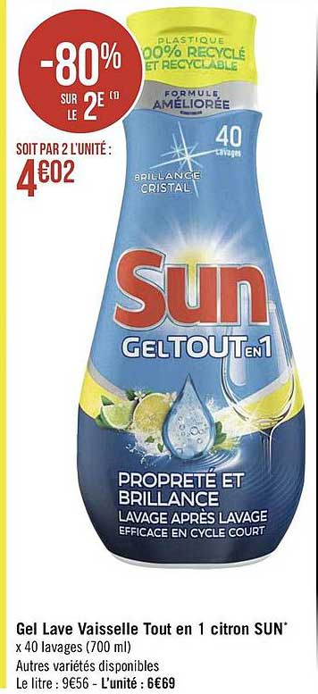 gel lave vaisselle tout en 1 citron sun