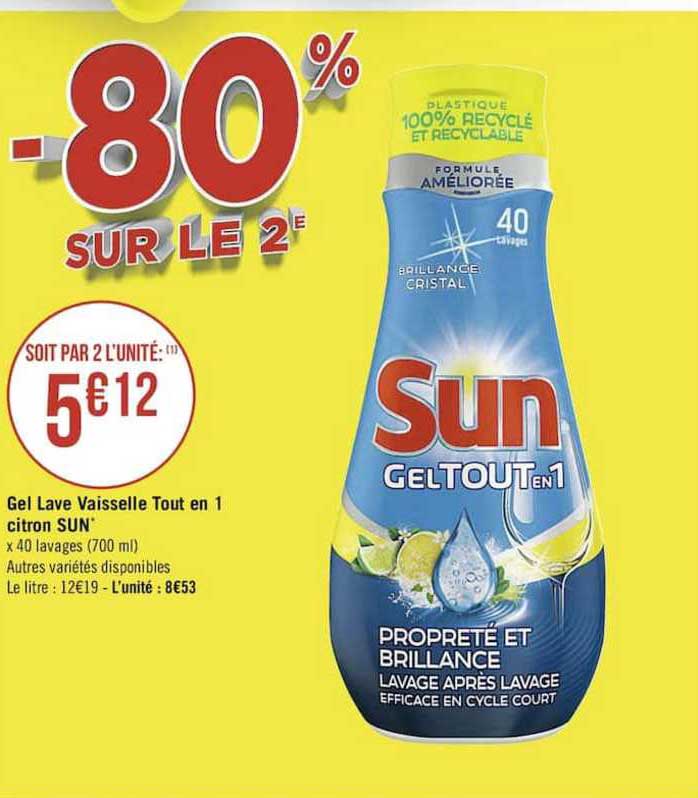 gel lave vaisselle tout en 1 citron sun