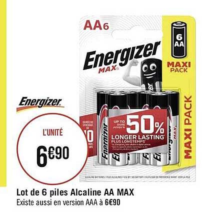 lot de 6 piles alcaline aa max energizer