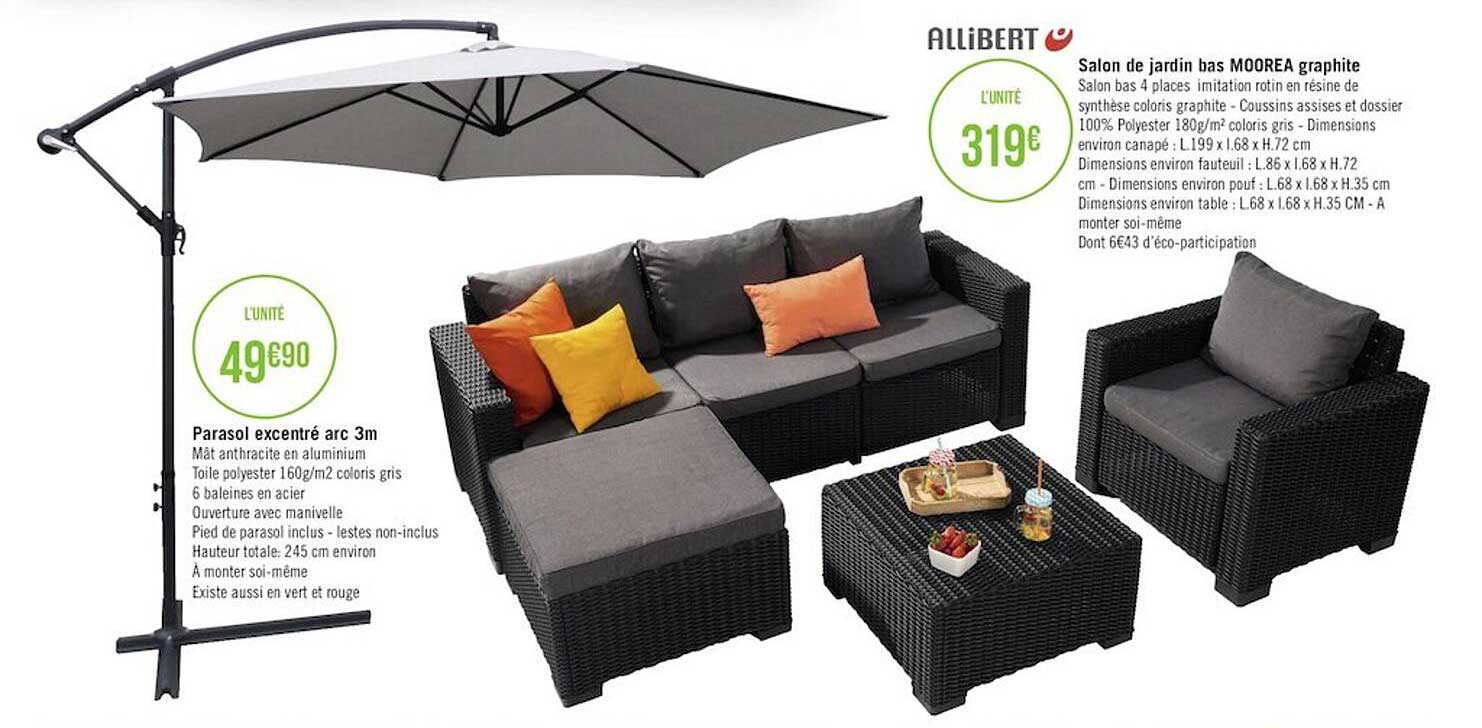 salon de jardin bas moorea graphite allibert, parasol excentré arc 3 m