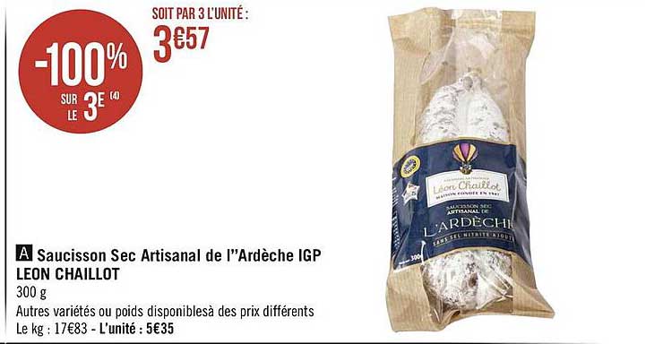 saucisson sec artisanal de l'ardèche igp léon chaillot