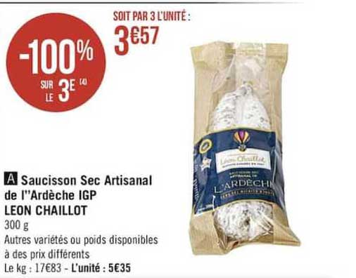 saucisson sec artisanal de l'ardeche igp leon chaillot