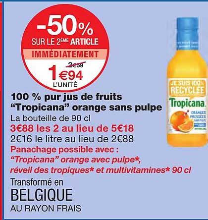 100% Pur Jus De Fruits "tropicana" Orange Sans Pulpe