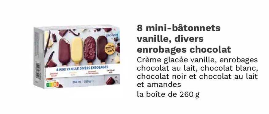 8 mini-bâtonnets vanille, divers enrobages chocolat