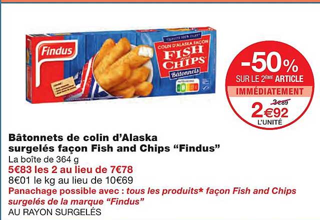 bâtonnets de colin d'alaska surgelés façon fish and chips "findus"