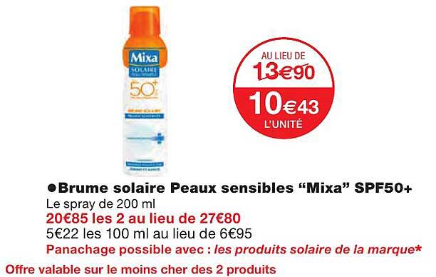 brume solaire peaux sensibles "mixa" spf50+