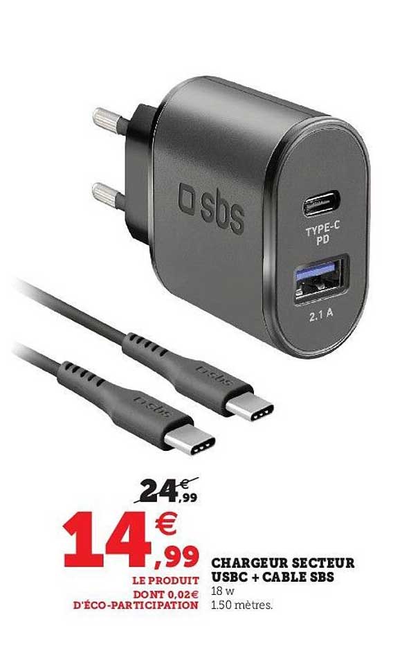 chargeur secteur usbc + câble sbs