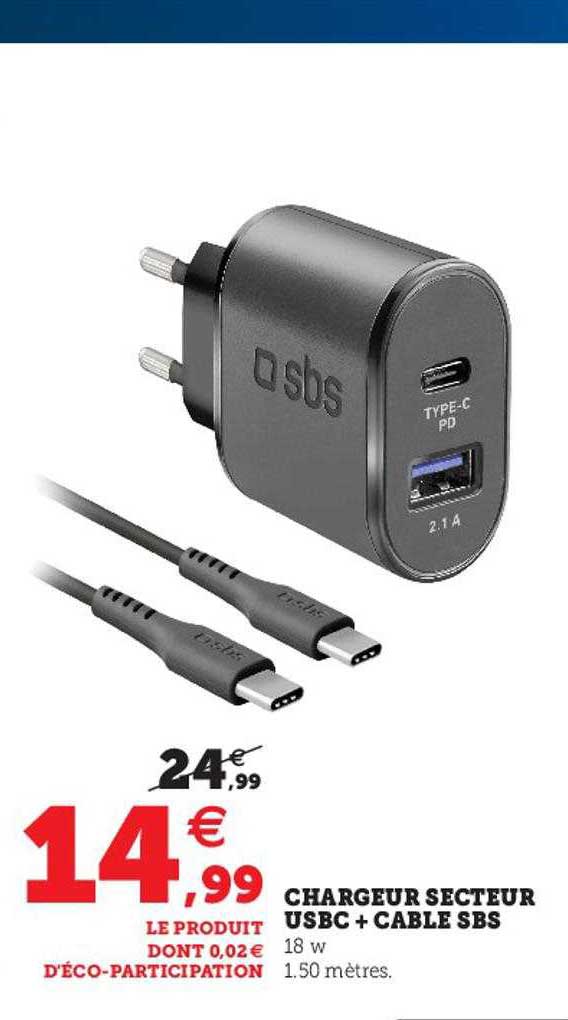 chargeur secteur usbc + câble sbs