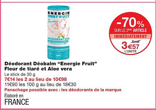 déodorant déobalm "energie fruit" fleur de tiaré et aloe vera