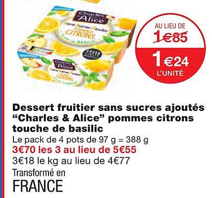 Dessert Frutier Sans Sucres Ajoutés "charles & Alice" Pommes Citron Touche De Basilic